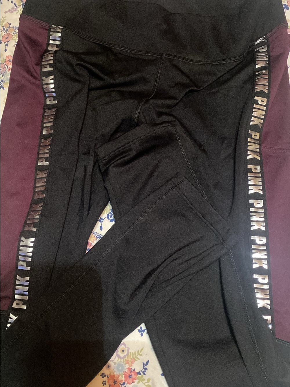 PINK Victoria's Secret Black Leggings with Plum Side Panels and Logo Tape